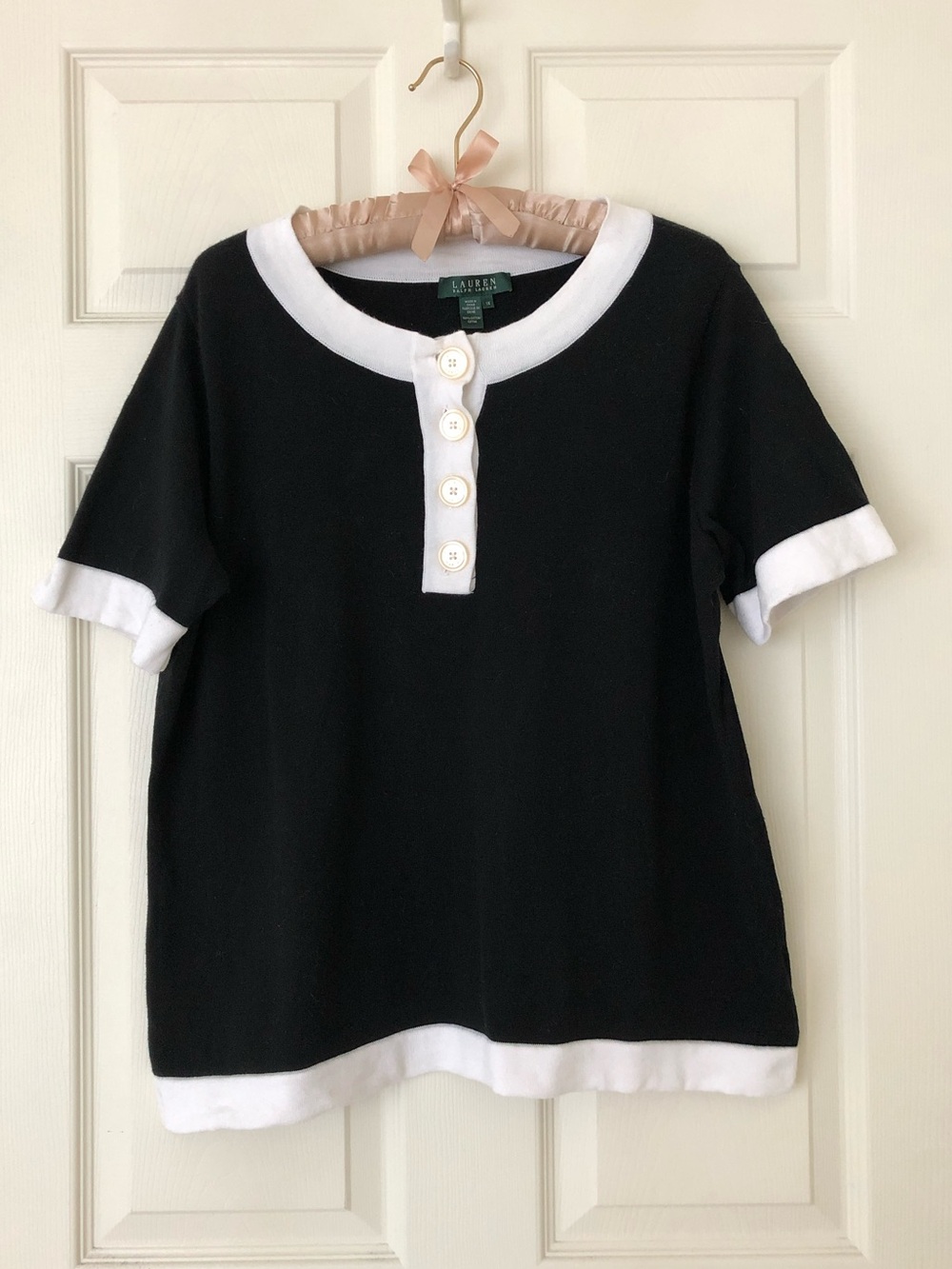 Ralph Lauren Short Sleeve Cotton Sweater Black White Size 1X